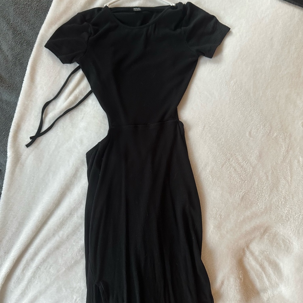 Black Short Sleeve Slit Dress with Tie Back
